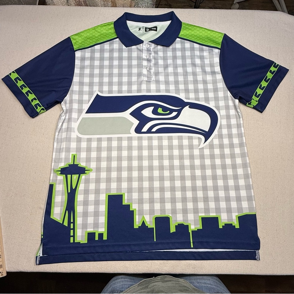 NFL Team Apparel Seattle Seahawks Blue and Green Checkered Polo Shirt - 2XL